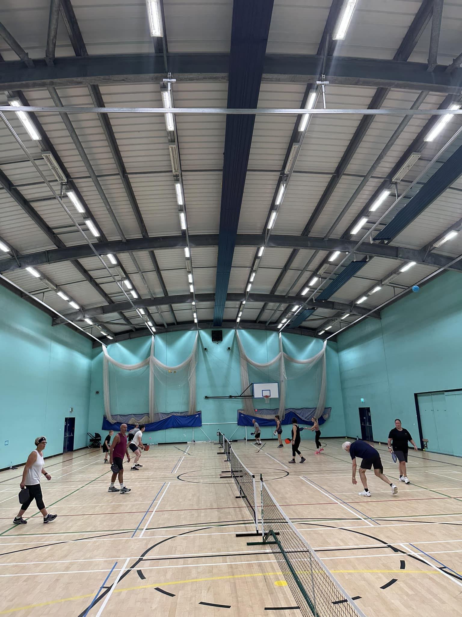 The sports hall at GO! St Just set up for pickleball.